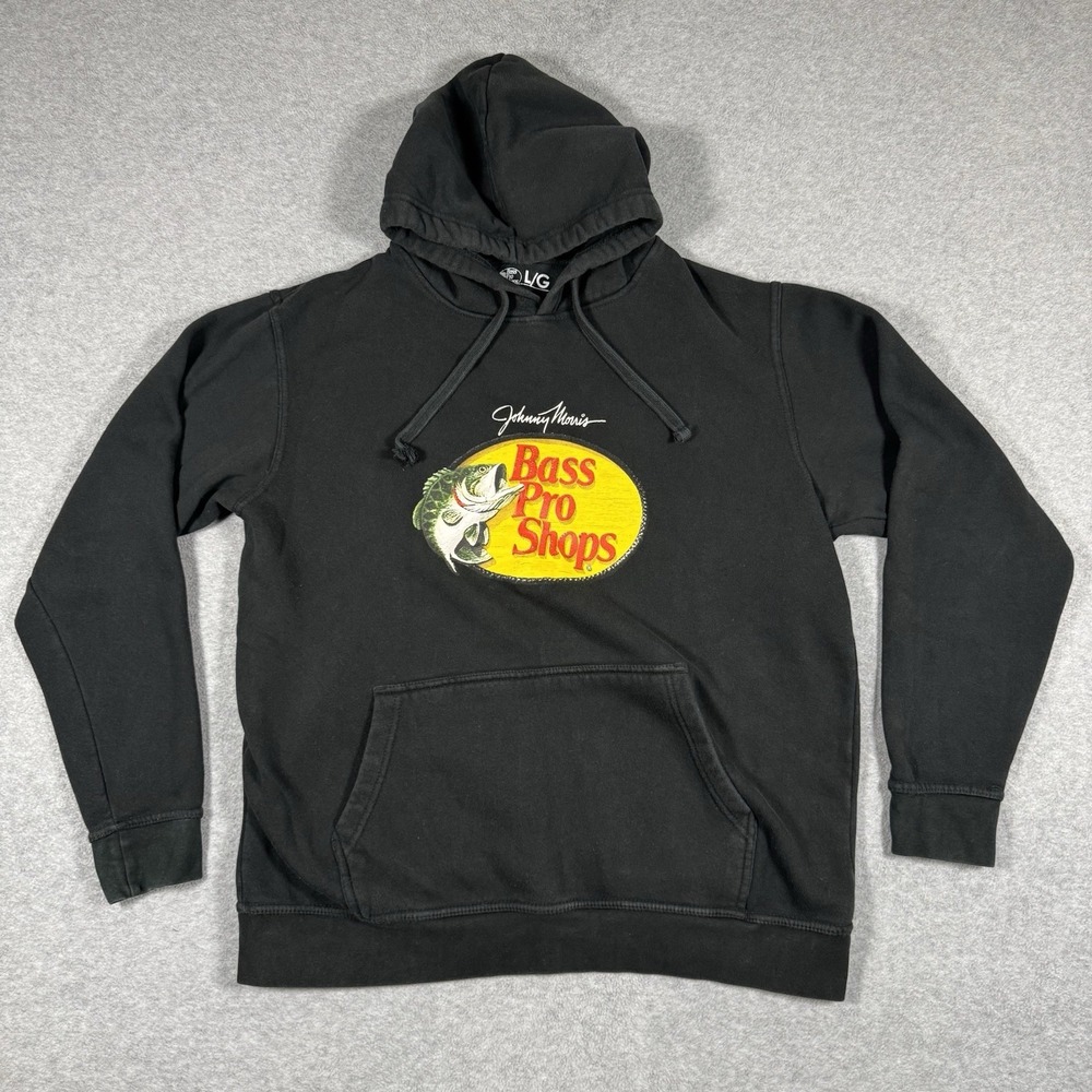 Bass Pro Shops Johnny Morris Hoodie Men's L Black Fishing Logo Pullover